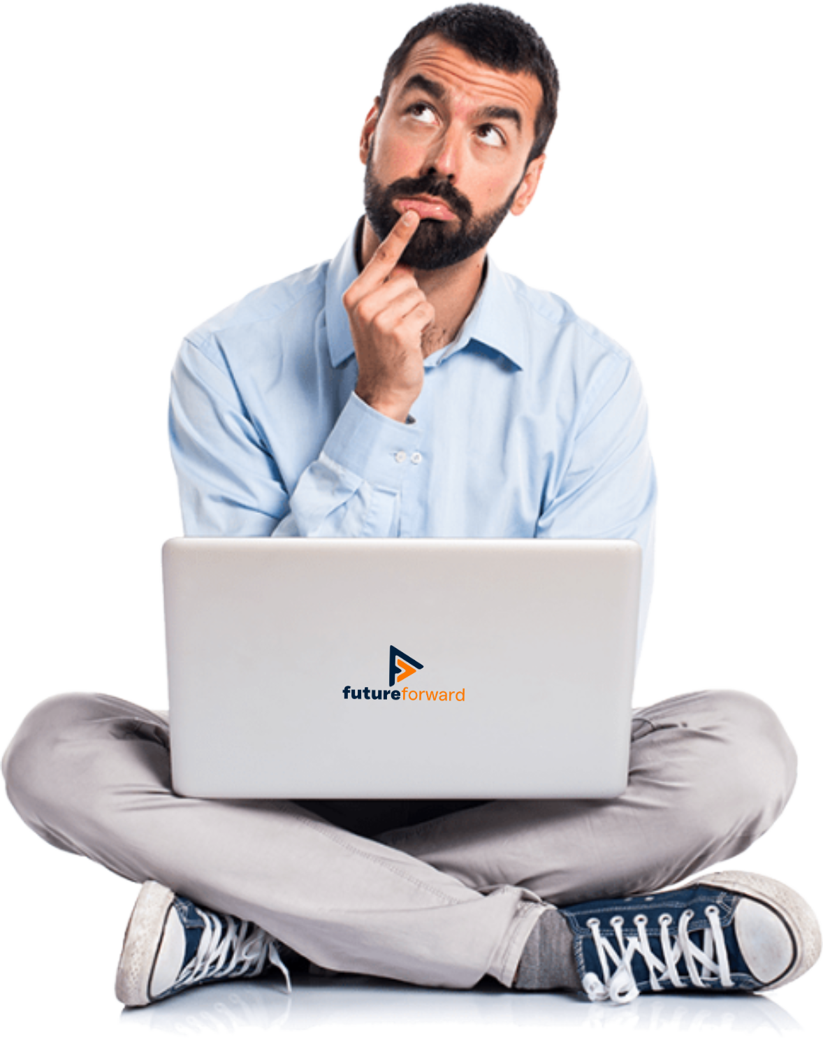 Man sitting cross-legged with a laptop displaying the FutureForward logo, pondering while using AI Training and Professional Development services