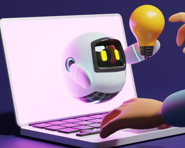 Illustration of a person engaging in professional writing training on a laptop, with a robot assisting by holding a lightbulb, symbolizing innovative customer communication skills